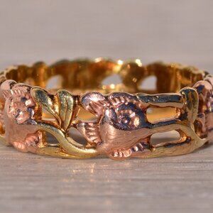 Antique Art Carved Signed Rose Gold and Yellow Gold Filigree Band